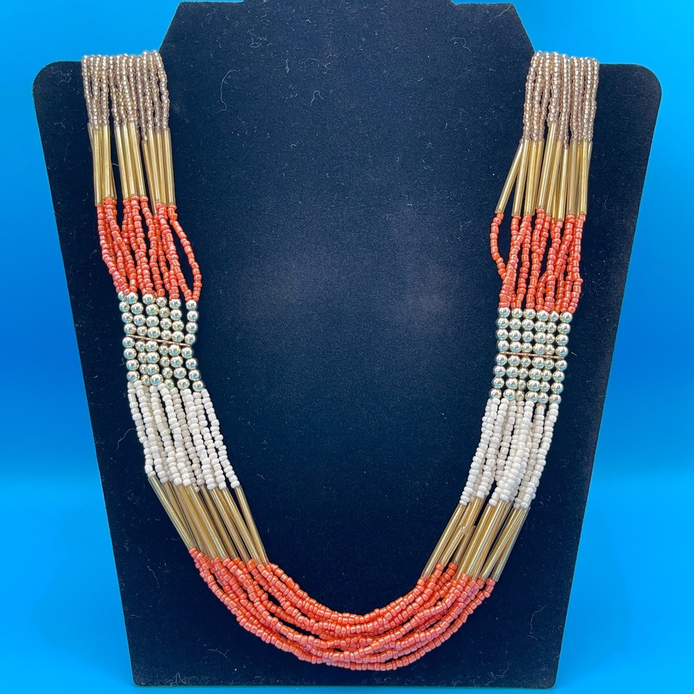 ALDO Seed Beaded Multi Strand Necklace Coral White Gold Tone Boho Statement